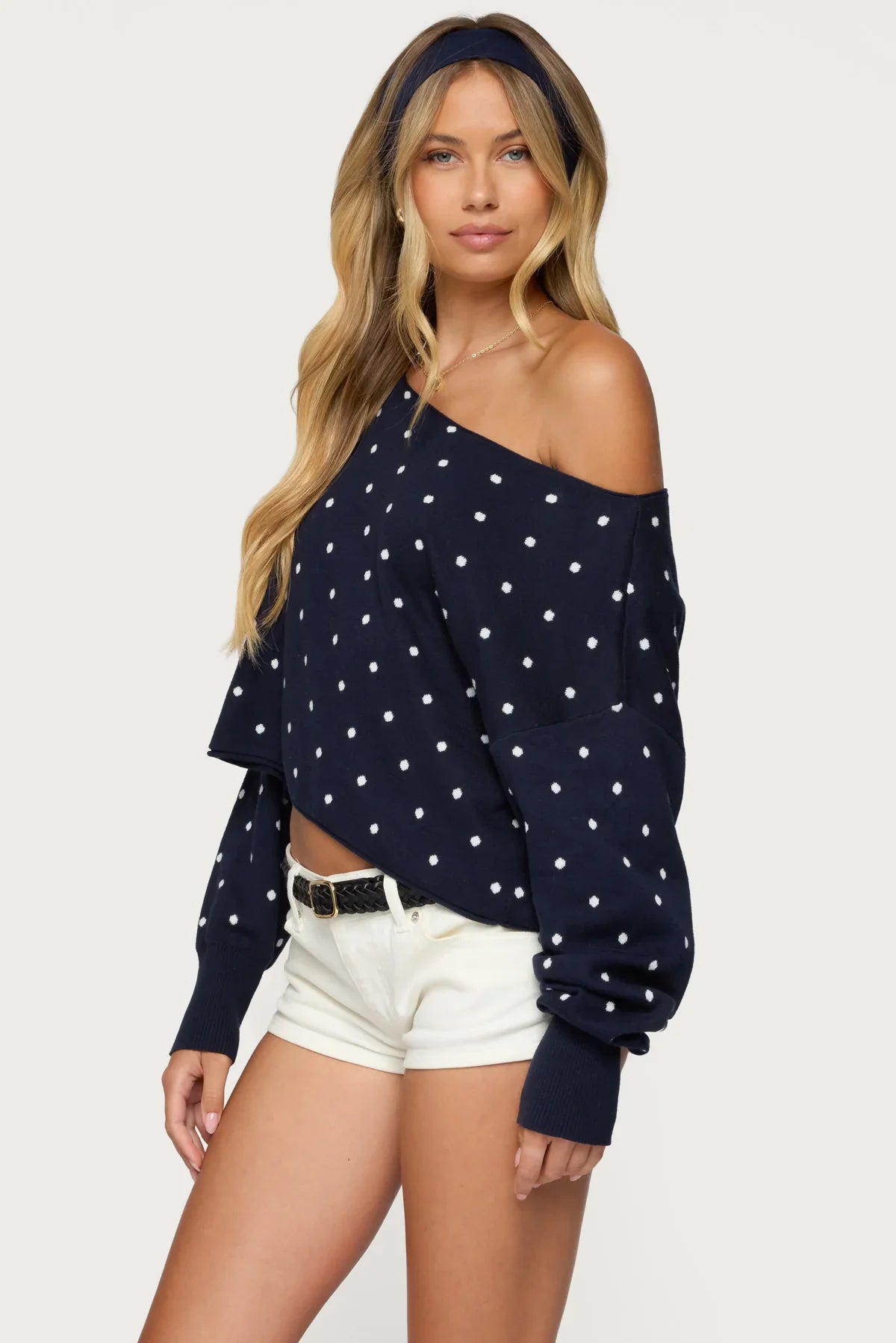 Oversized Off Shoulder Polka Dot Sweater