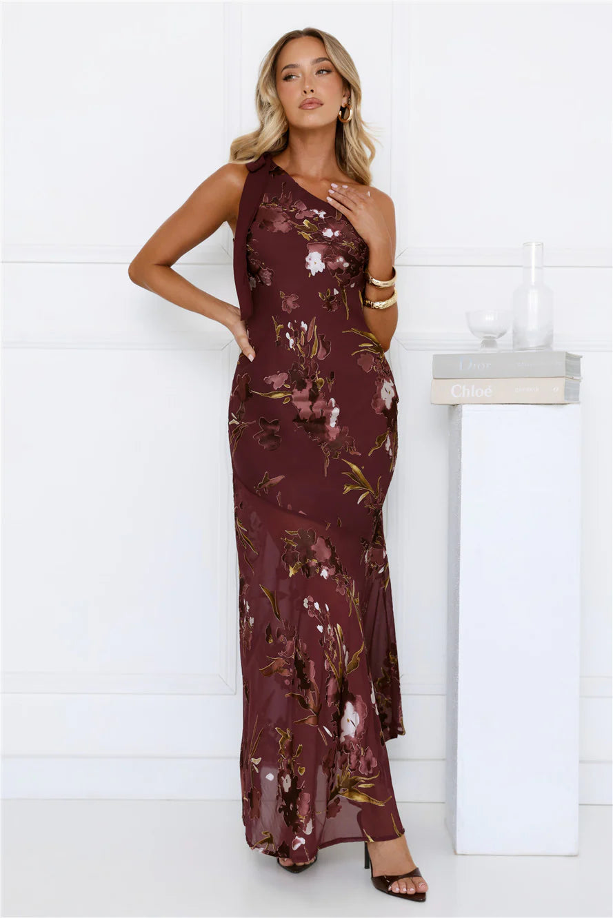 Opulent Bloom One Shoulder Maxi Dress Burgundy