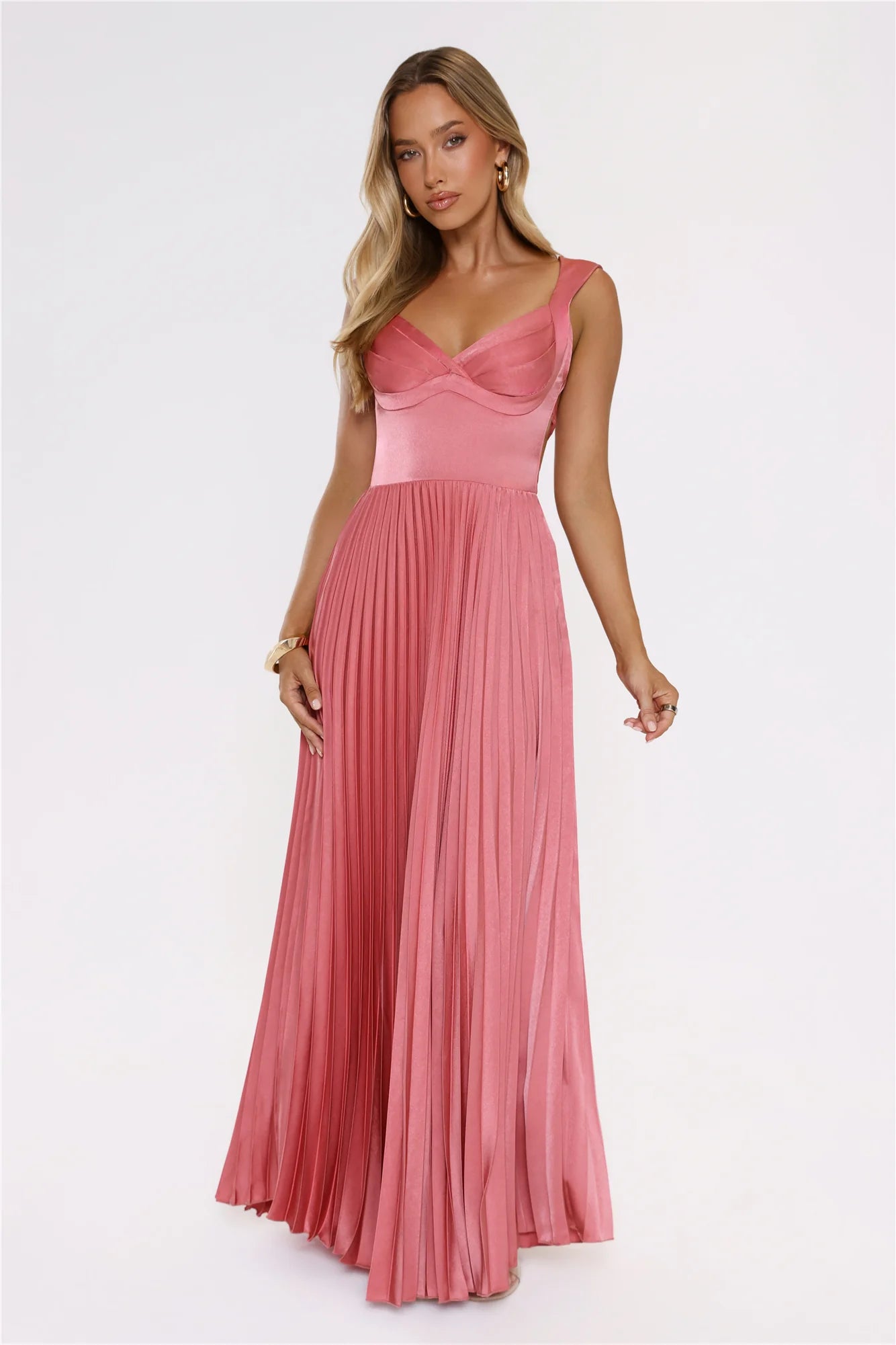 Satin Glow Pleated Maxi Dress Rose