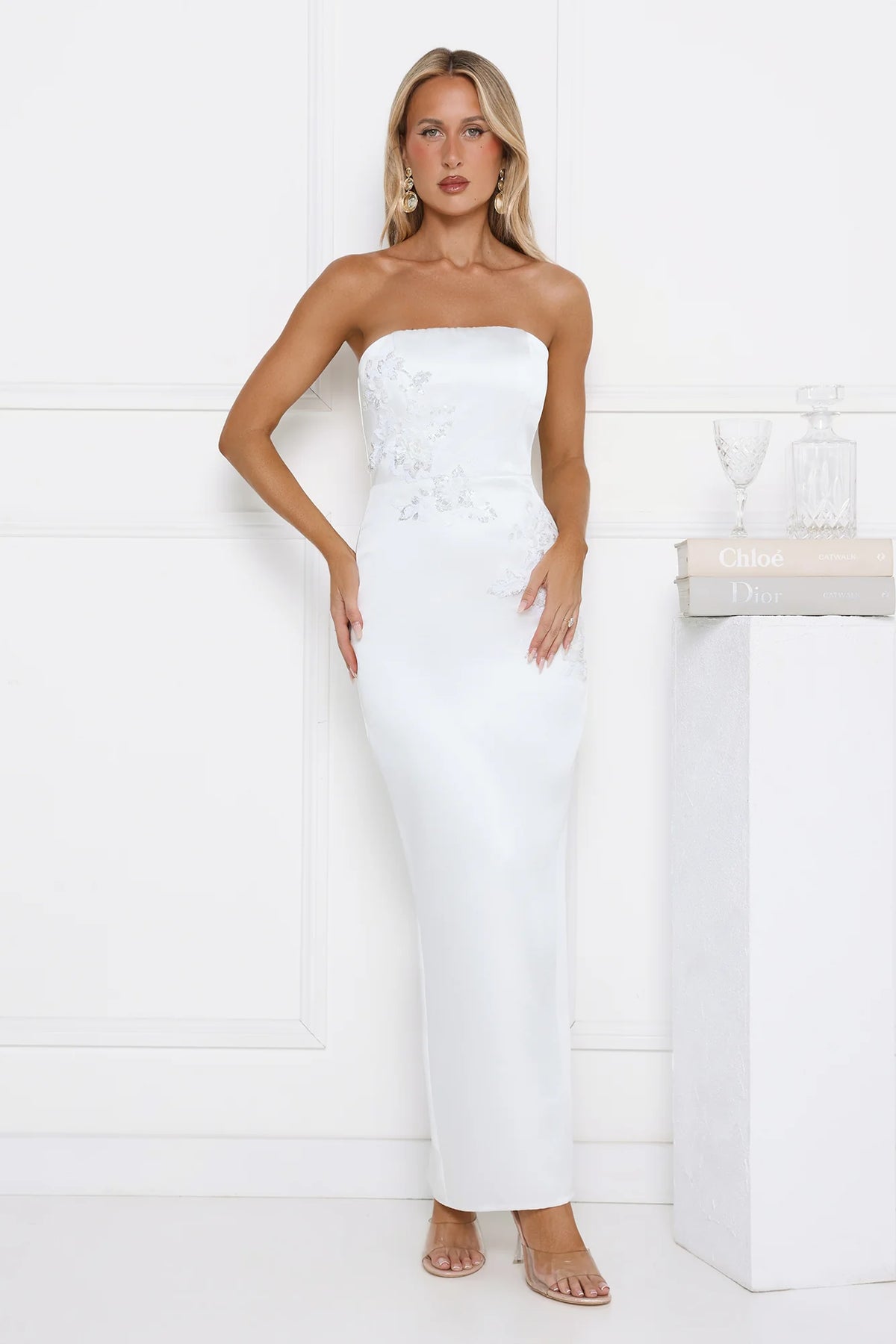 Dusk Desire Strapless Embellished Maxi Dress White