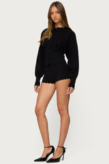 Maizy Puff Sleeve Scalloped Knit Cardigan
